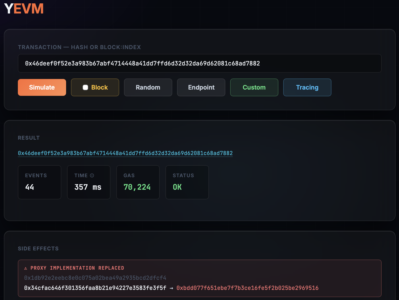 YEVM live demo — proxy swap detected