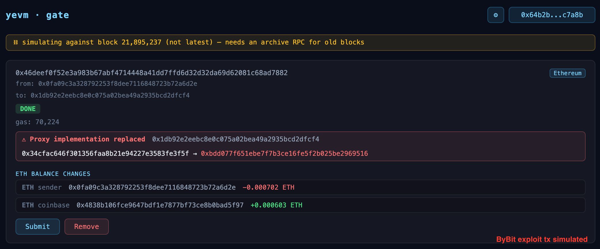 yevm-gate catching the Bybit exploit tx — proxy implementation replaced